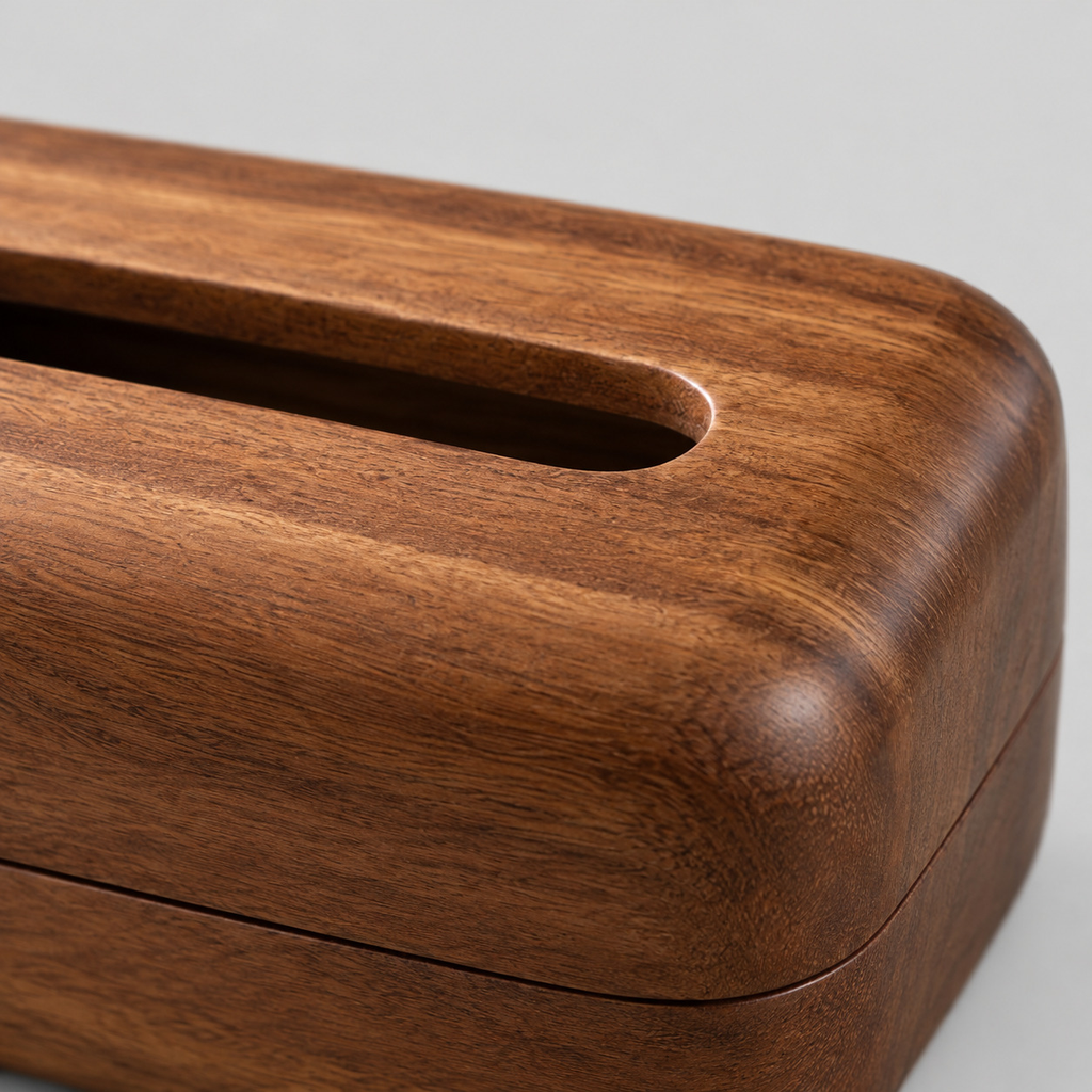 Close up of the smooth rounded rim of the dispensing slot of the wooden tissue box cover.