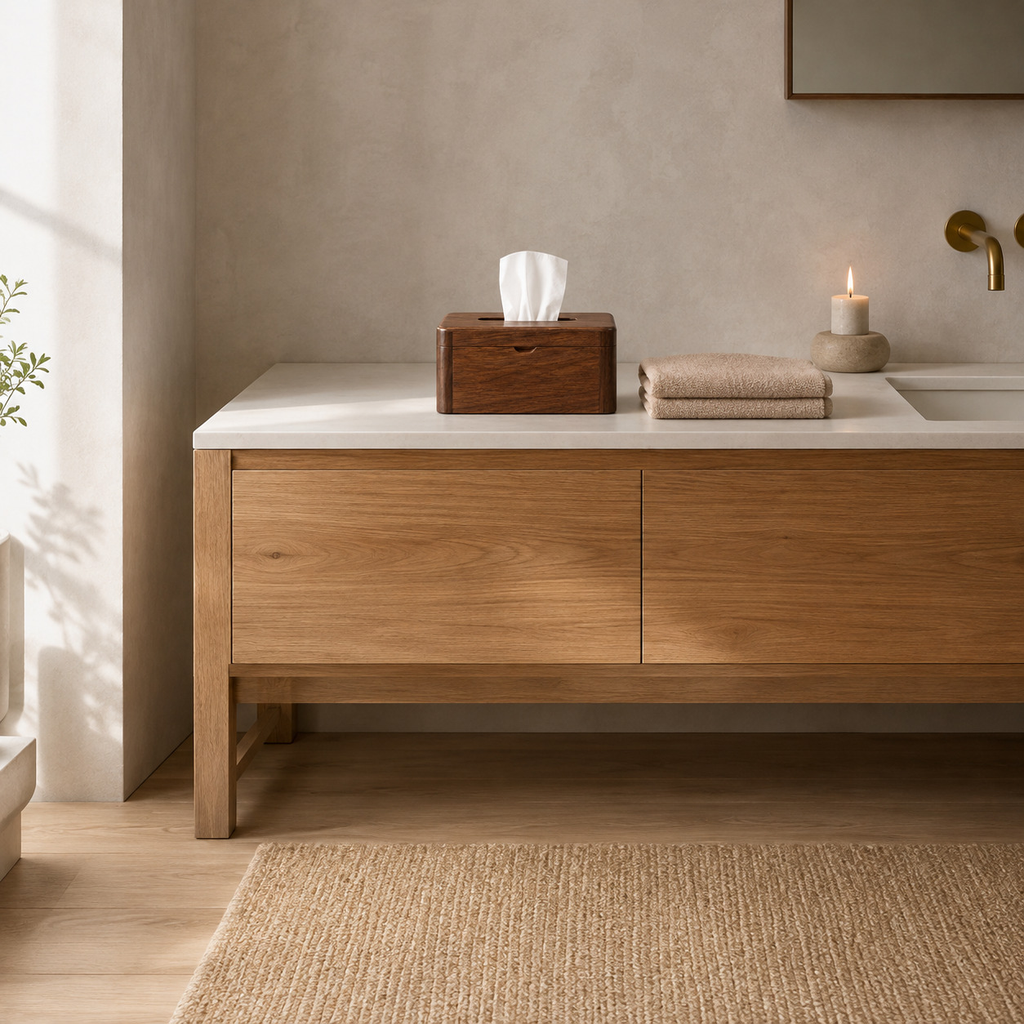 Solid walnut hinged tissue box on a bathroom vanity with a single tissue pulled from the top.