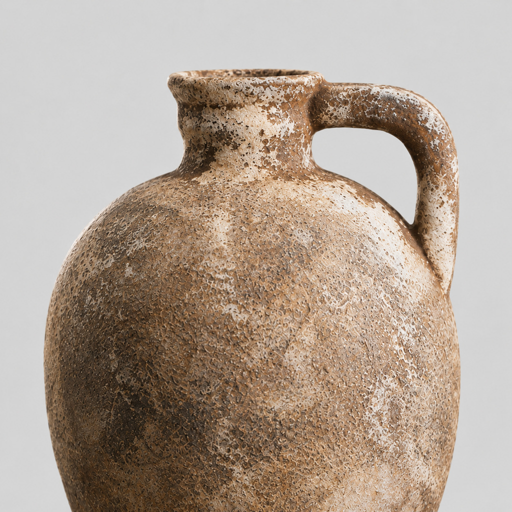 Close up of the weathered matte glaze texture of the rustic weathered ceramic vase.