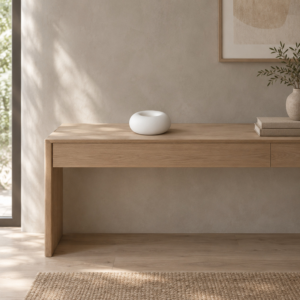 Matte White ceramic donut candle holder on a 120 cm wide oak console table in a calm room.