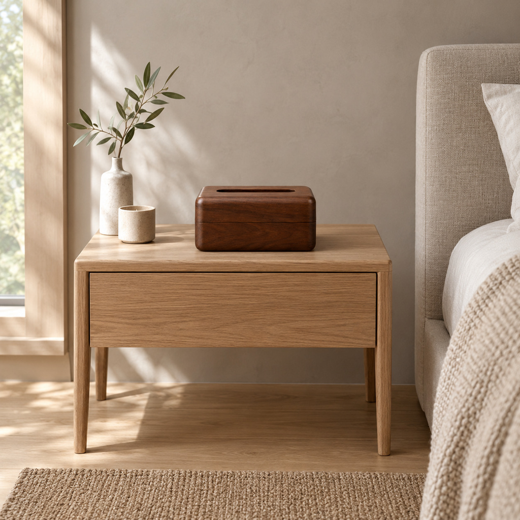 Walnut wooden tissue box cover on a 48 cm wide oak bedside table in a calm room