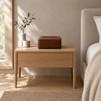 Walnut wooden tissue box cover on a 48 cm wide oak bedside table in a calm room