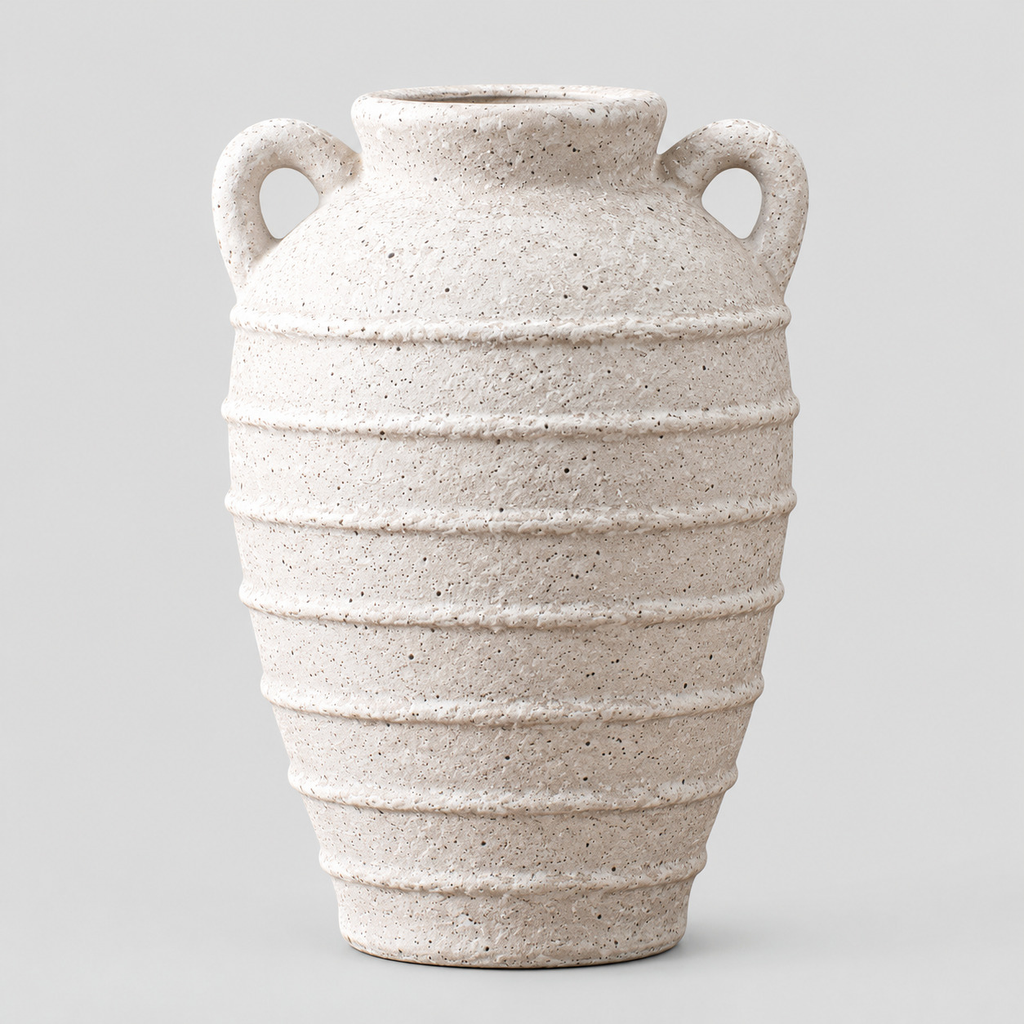 Double-handled ceramic amphora vase in Speckled White on a light gray studio background.