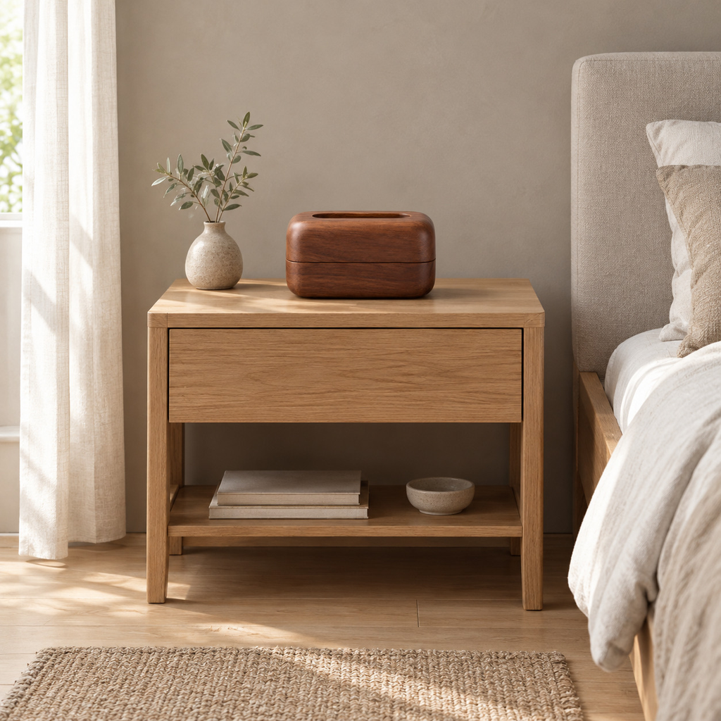 Curved wooden tissue box in Walnut on a 48 cm wide oak bedside table in a calm room.