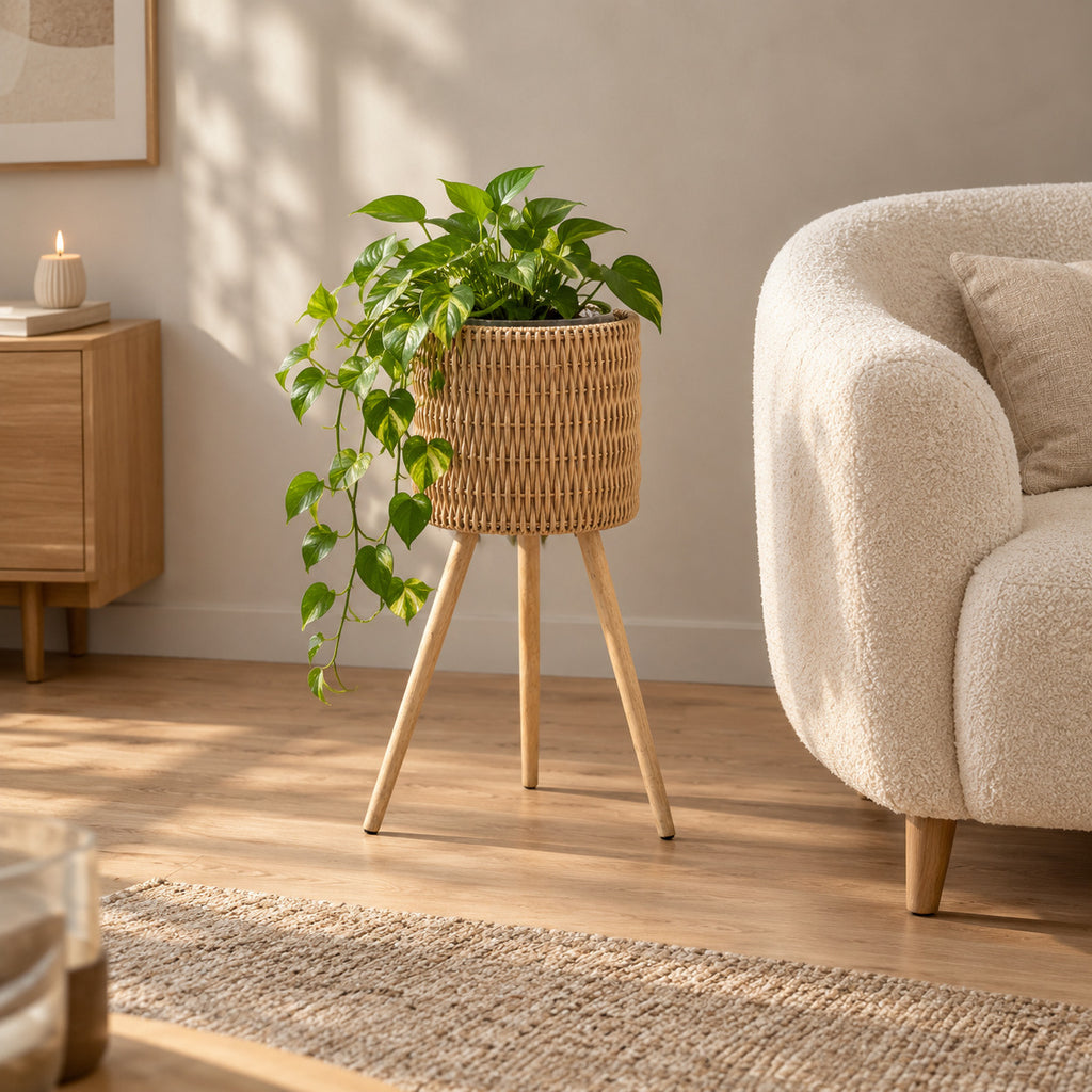 Standing woven rattan planter basket on wooden tripod legs in Natural Rattan on the floor beside an 80 cm wide boucle armchair with a small trailing pothos in the planter.