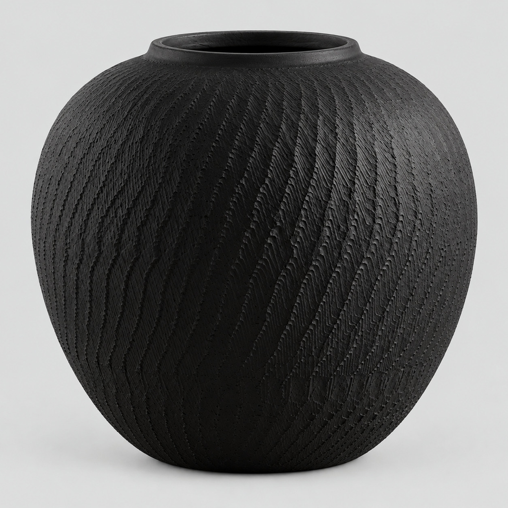 Textured ceramic vase in Matte Black on a light gray studio background.