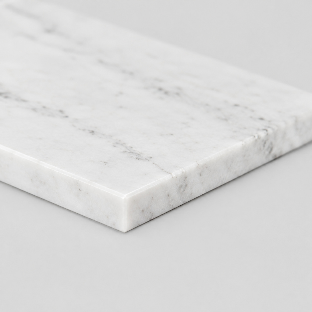 Close up of the straight bevelled rim of the rectangular marble tray in White Marble.