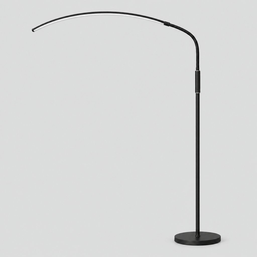 Matte Black arched LED floor lamp on a light gray studio background, in its Crescent shape