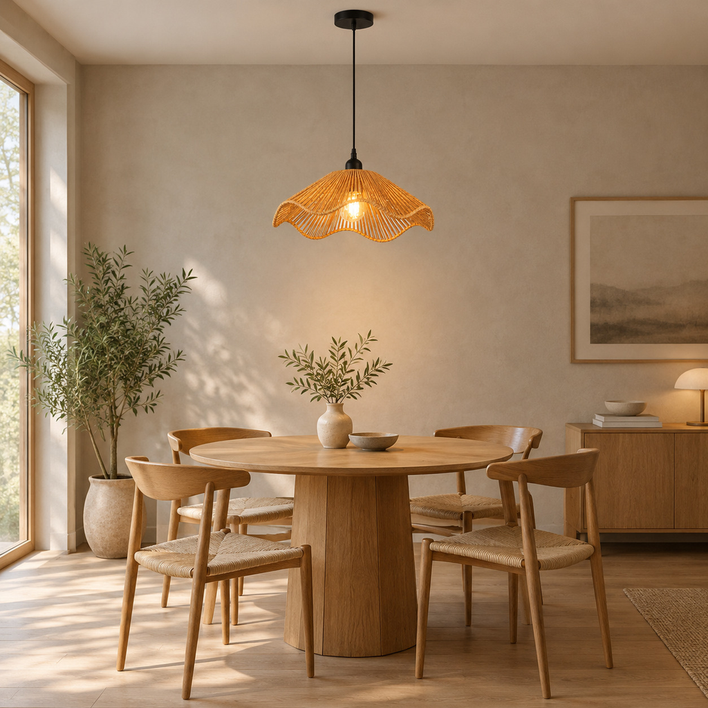 Wavy rattan pendant light lit hanging above a 90 cm round oak dining table.