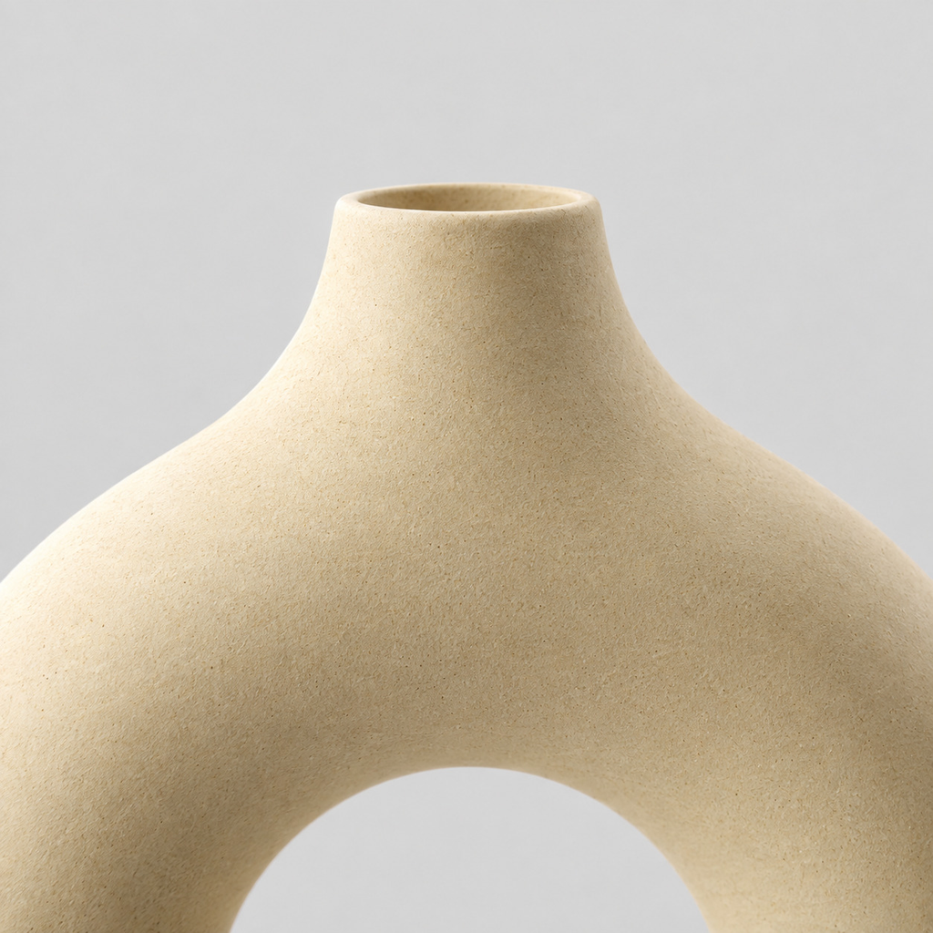 Close up of the smooth tapered rim of the beige hollow round ceramic vase.