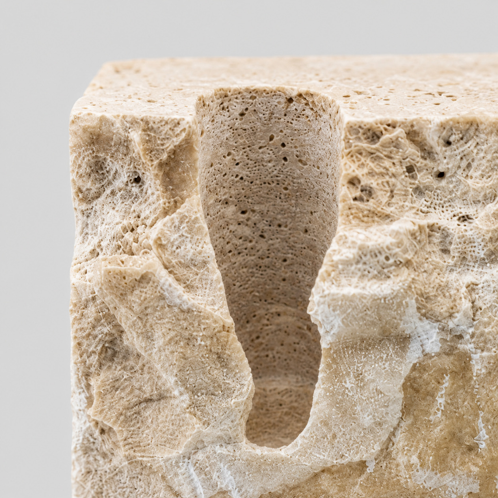 Close up of the porous stone surface texture of the travertine candle holder