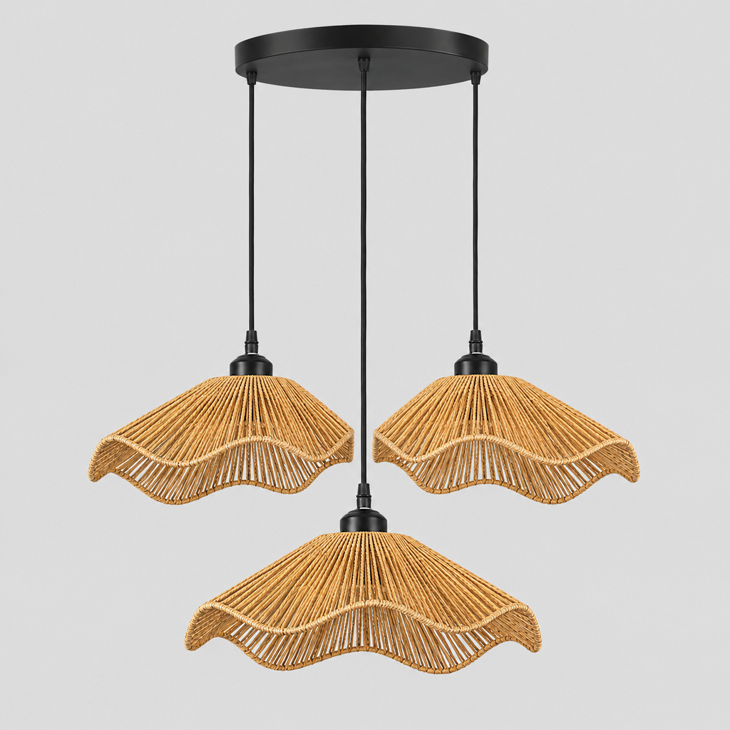 Wavy rattan pendant light in Natural Rattan on a light gray studio background, in the 3 lights configuration