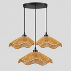 Wavy rattan pendant light in Natural Rattan on a light gray studio background, in the 3 lights configuration