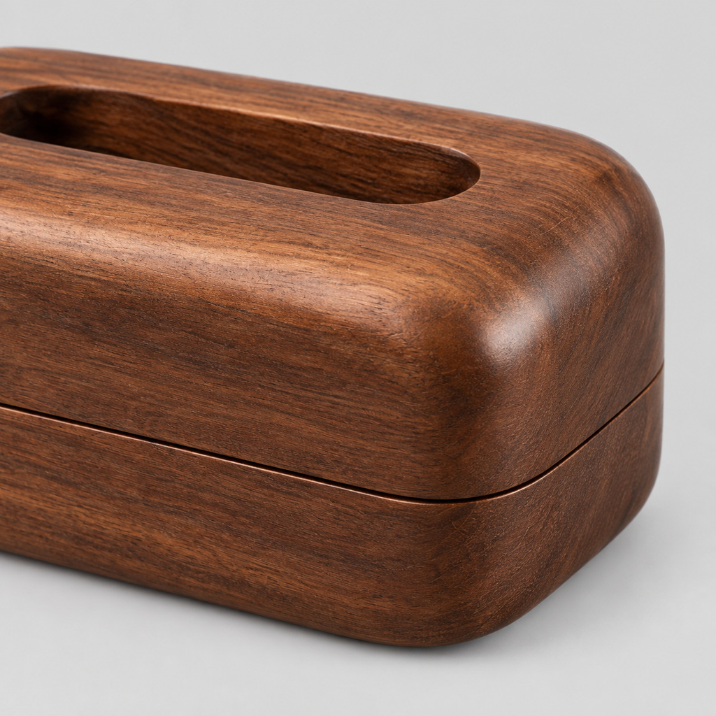 Close up of the smooth walnut wood grain surface texture of the curved wooden tissue box.