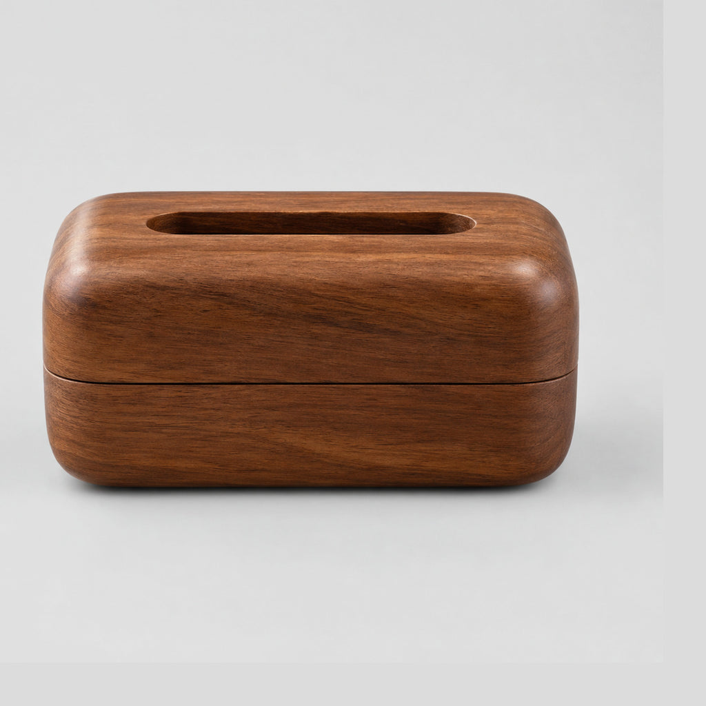 Rounded wooden tissue box cover in Walnut on a light gray studio background.