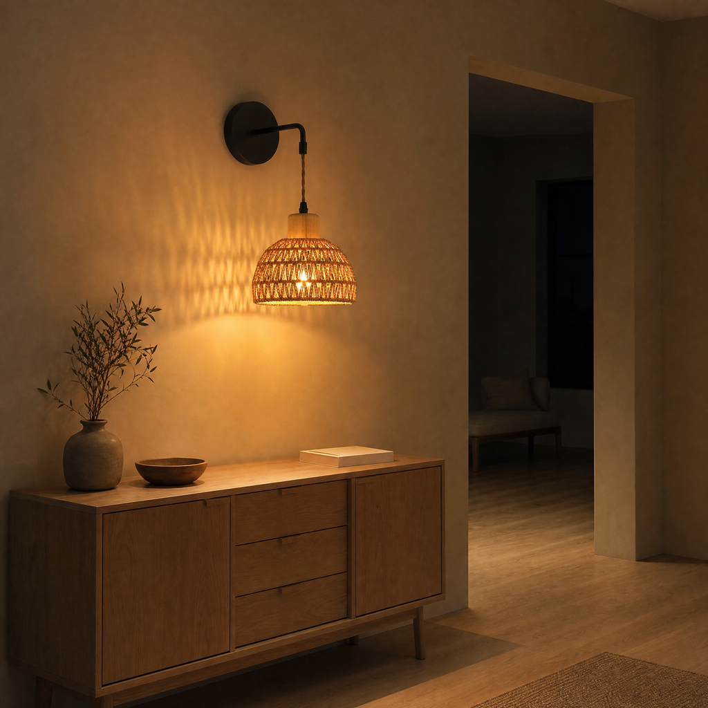 Natural Rope woven dome wall sconce lit in the evening beside an 80 cm wide doorway, the only light in the room