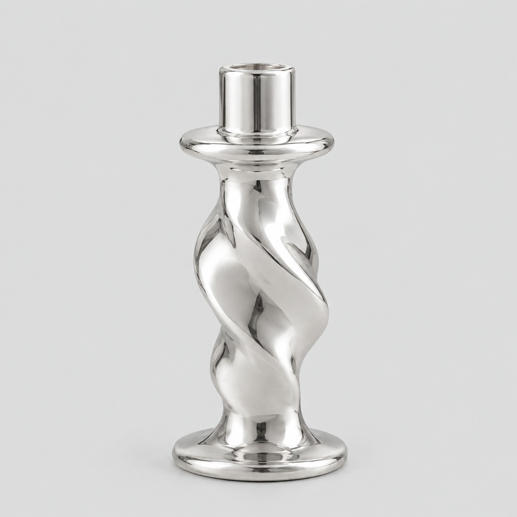Silver twisted ceramic taper candle holder on a light gray studio background.