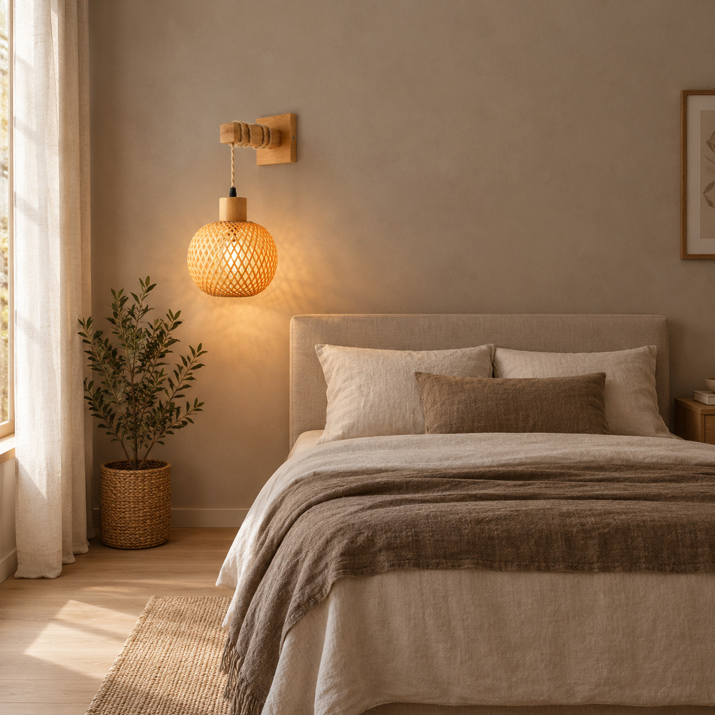 Natural wood woven bamboo wall sconce lit beside a double bed against a plain wall