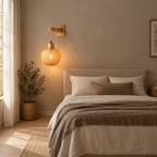 Natural wood woven bamboo wall sconce lit beside a double bed against a plain wall