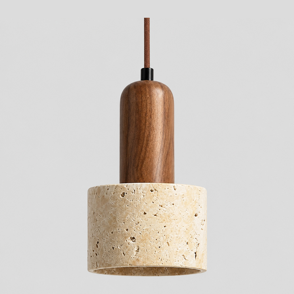 Yellow travertine pendant light with a walnut socket cap in a Yellow Travertine finish on a light gray studio background.