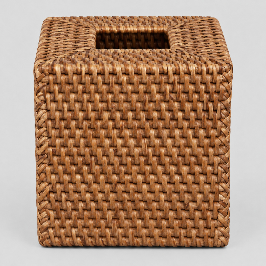 Brown woven rattan cube tissue box cover on a light gray studio background