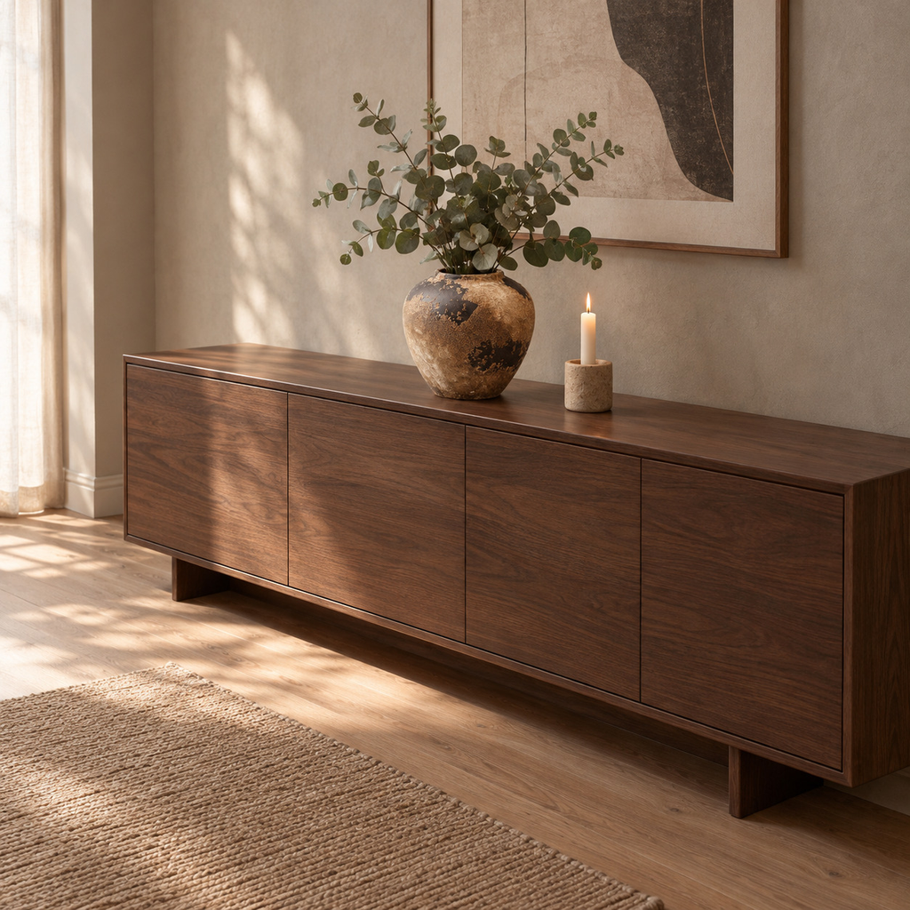 Weathered brown textured ceramic vase on a walnut sideboard with a bunch of eucalyptus in the vase.