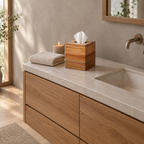 Square wooden tissue box cover in Acacia Wood on a 90 cm wide bathroom vanity with a tissue emerging from the opening