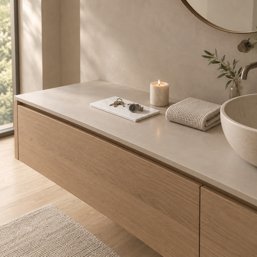 Rectangular marble tray in White Marble on a bathroom vanity with a set of keys and a watch on the tray.