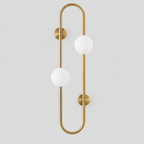Brass pill-frame frosted globe wall sconce on a light gray studio background, in the 2 lights configuration