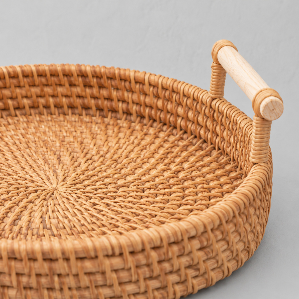 Close up of the woven rattan lattice on the base of the Natural Rattan serving tray.