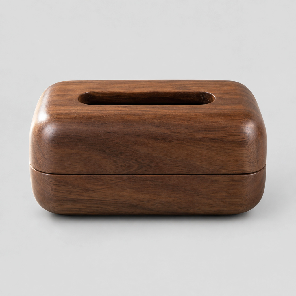 Rounded wooden tissue box cover in Walnut on a light gray studio background.