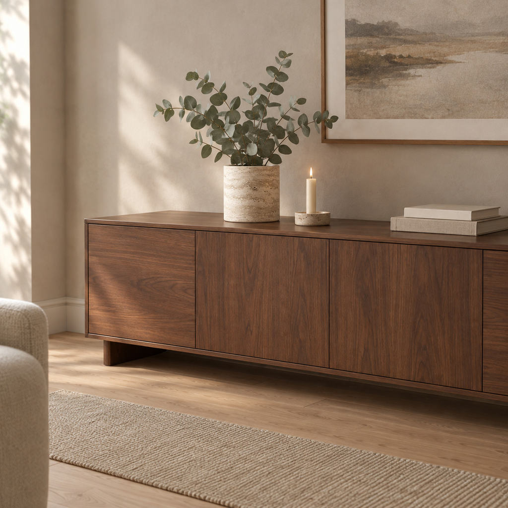 Natural travertine stone vase in Beige Travertine on a 160 cm wide walnut sideboard with a bunch of eucalyptus in the vase