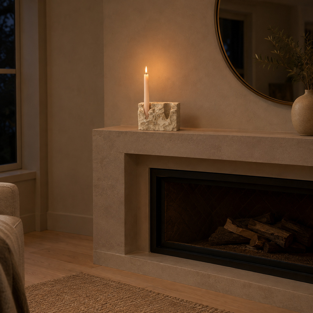 Travertine candle holder on a 140 cm wide mantelpiece above a fireplace with one lit taper candle in the holder