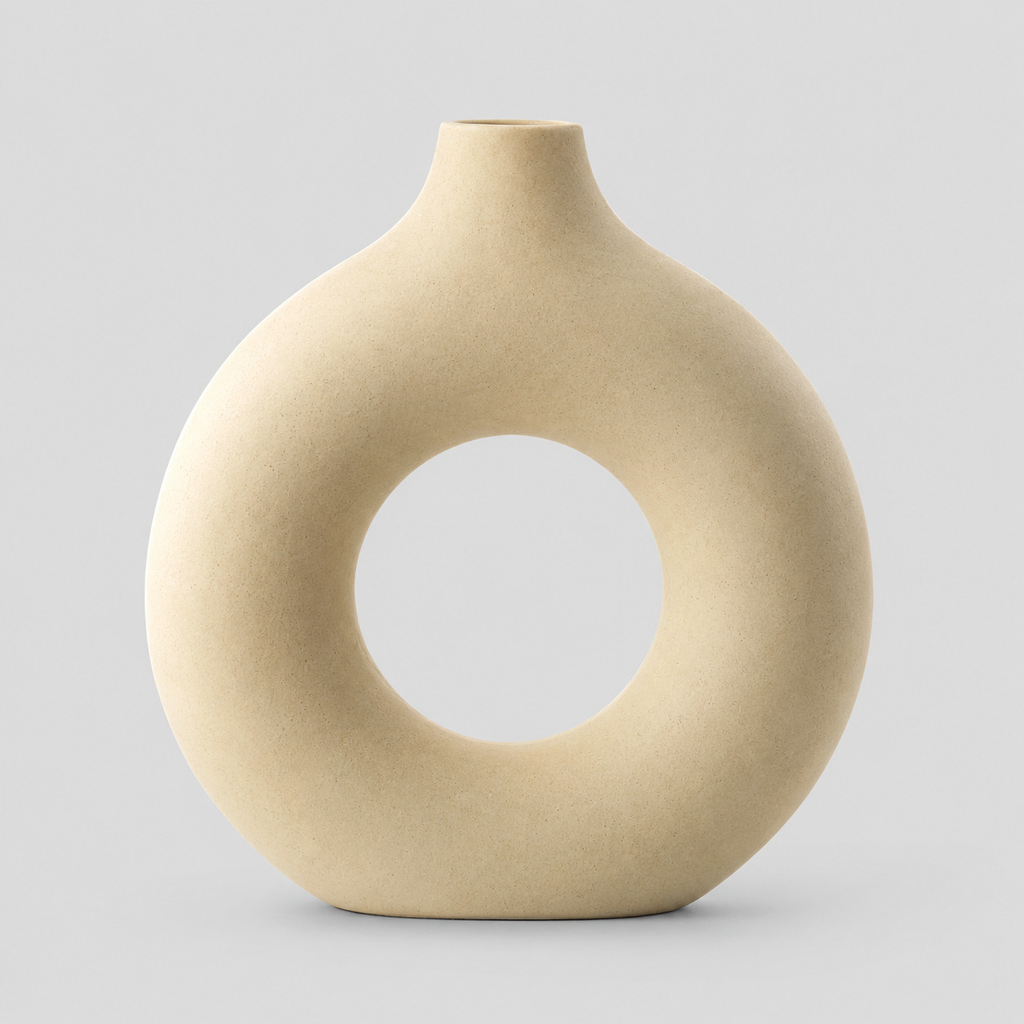 Hollow round ceramic vase in beige on a light neutral gray studio background.