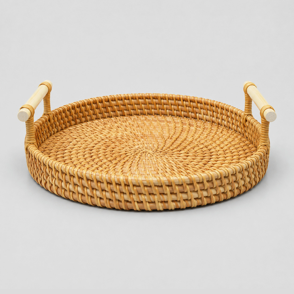 Round woven rattan serving tray in Natural Rattan on a light gray studio background.