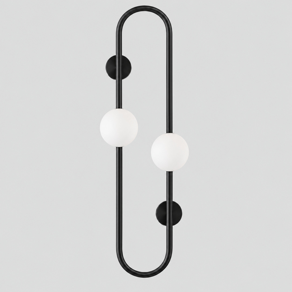 Matte Black pill-frame frosted globe wall sconce on a light gray studio background, in the 2 lights configuration