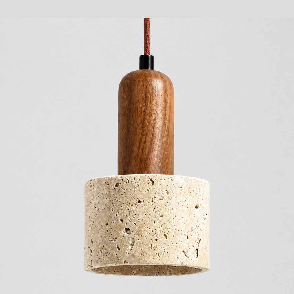 Travertine cylindrical pendant light with a wood neck on a light gray studio background