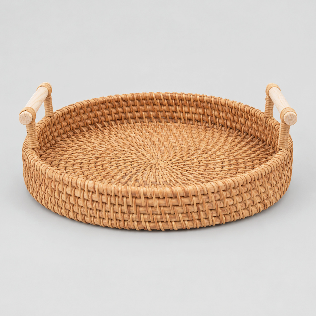 Natural Rattan round woven serving tray on a light gray studio background.