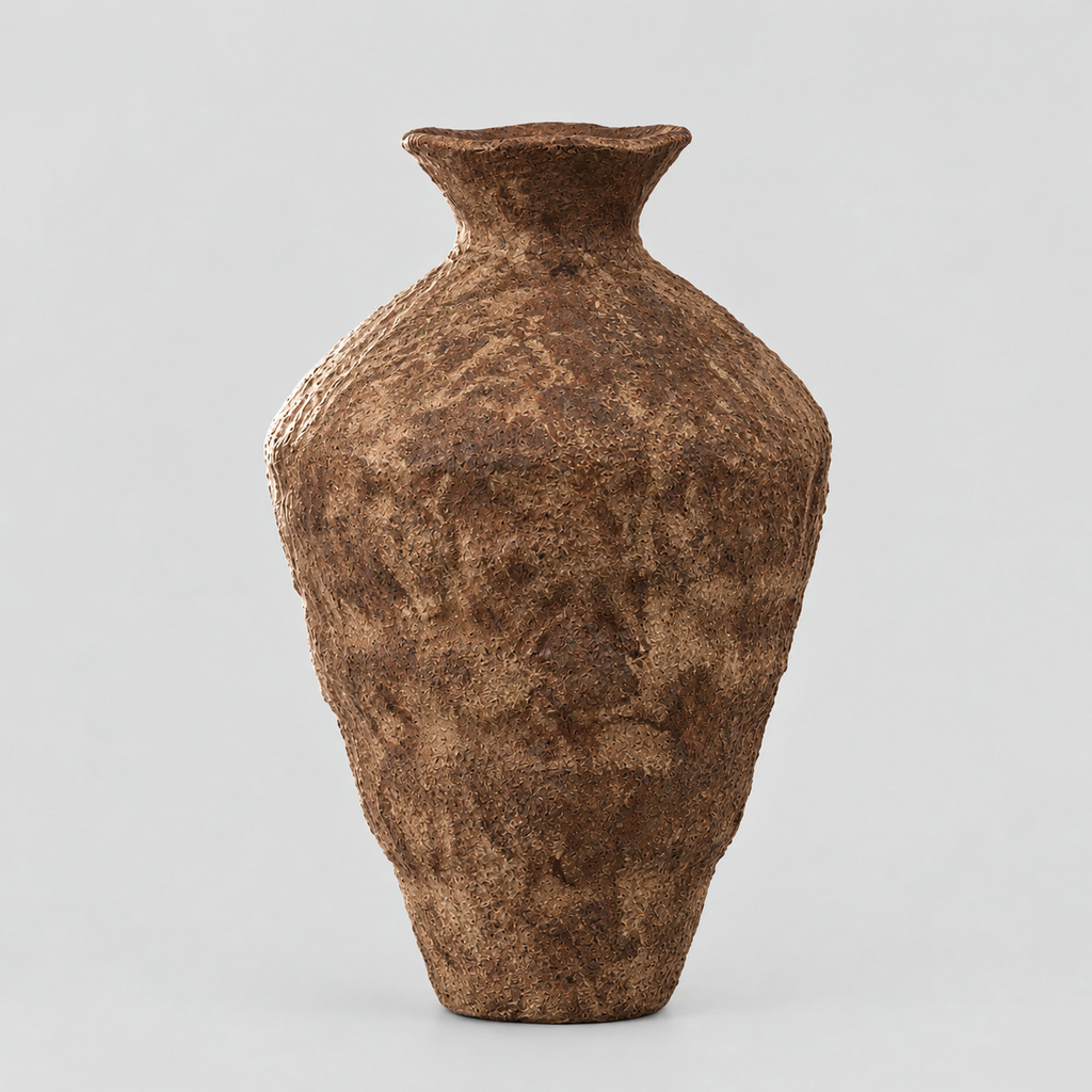 Textured ceramic urn vase in Rust Brown finish on a light gray studio background