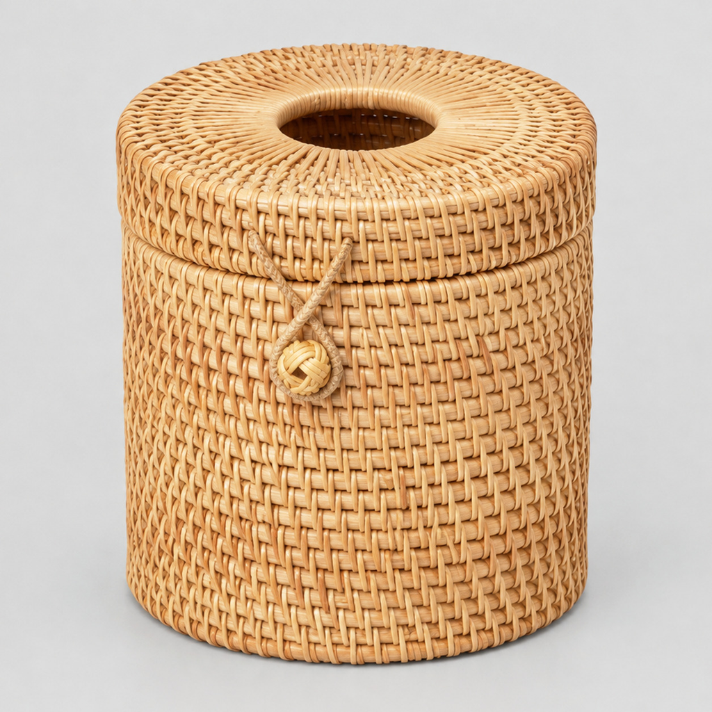 Natural Rattan woven rattan cylindrical tissue box cover on a light gray studio background