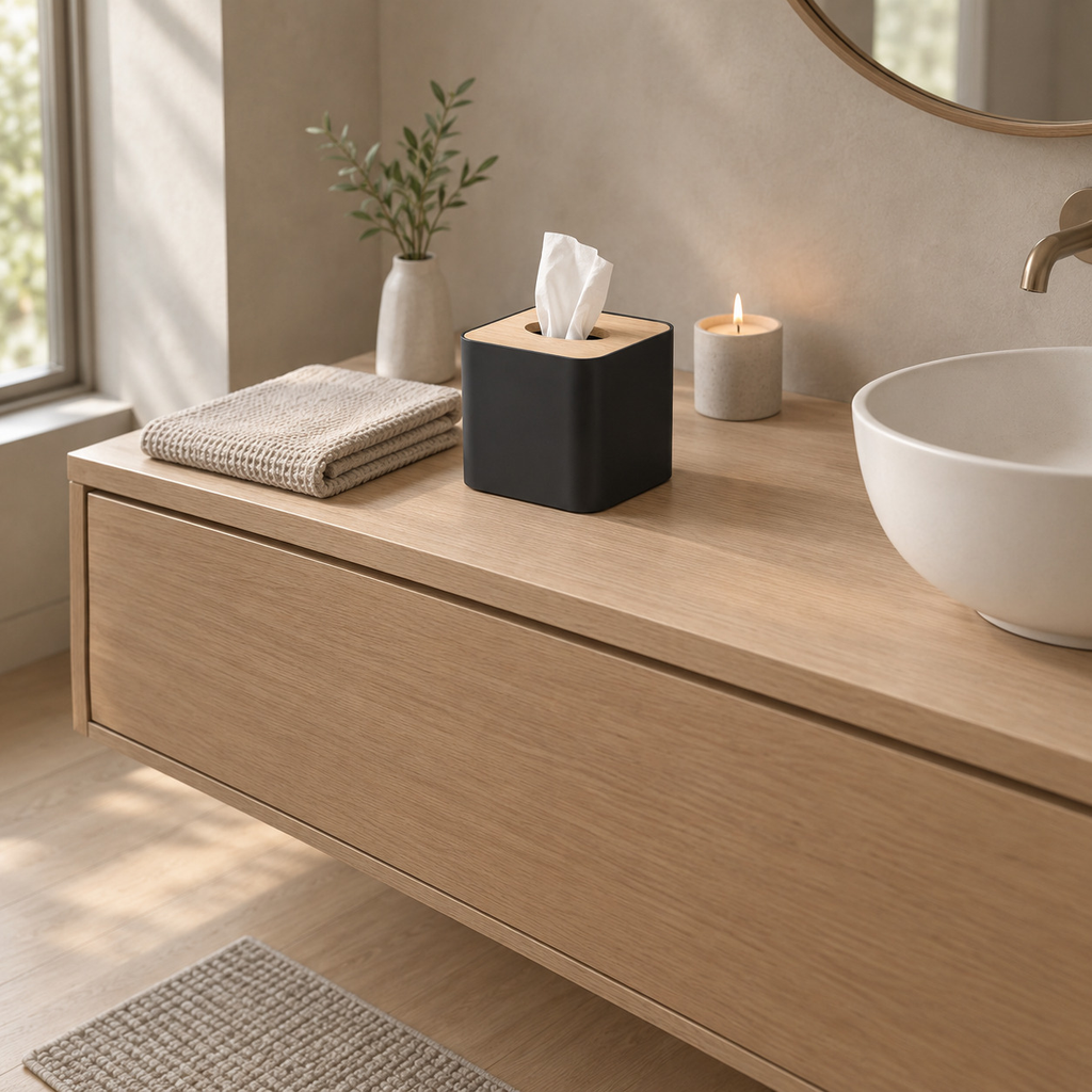 Black square tissue box cover on a 90 cm wide bathroom vanity beside a folded towel in soft daylight.
