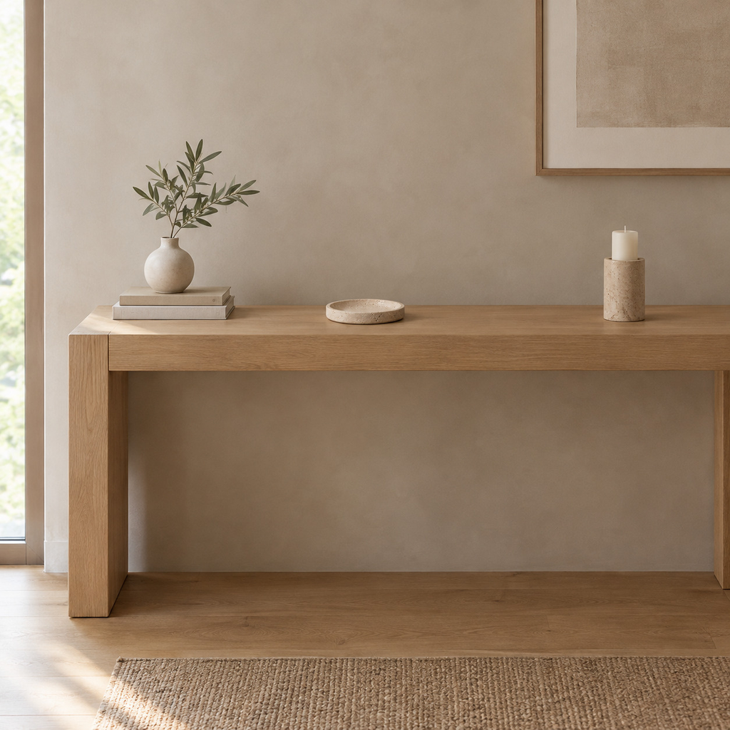 Round beige travertine dish on an oak console table in a calm room