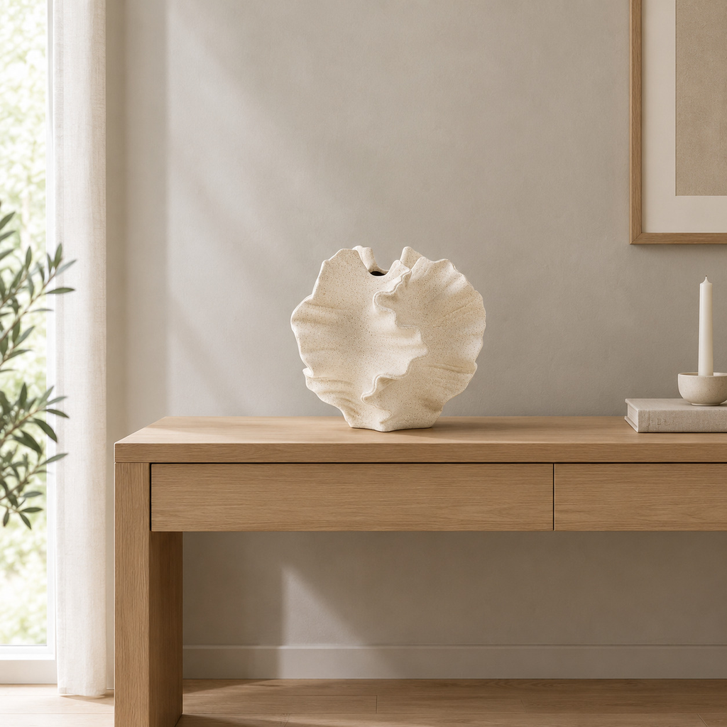 Sculptural ceramic ruffled wave vase in Speckled White on a 120 cm wide oak console table in a calm room