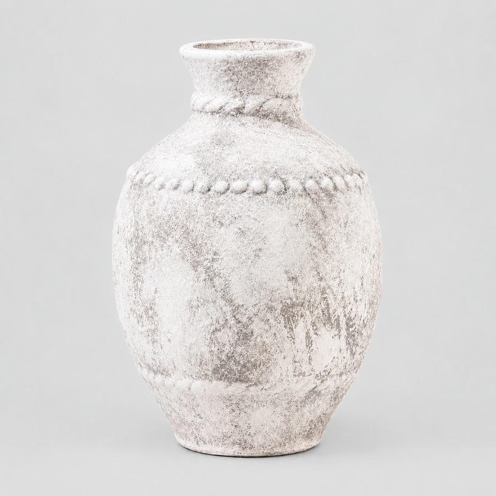 Rustic textured ceramic urn vase in Vintage Gray on a light gray studio background, in its Tall Vase shape