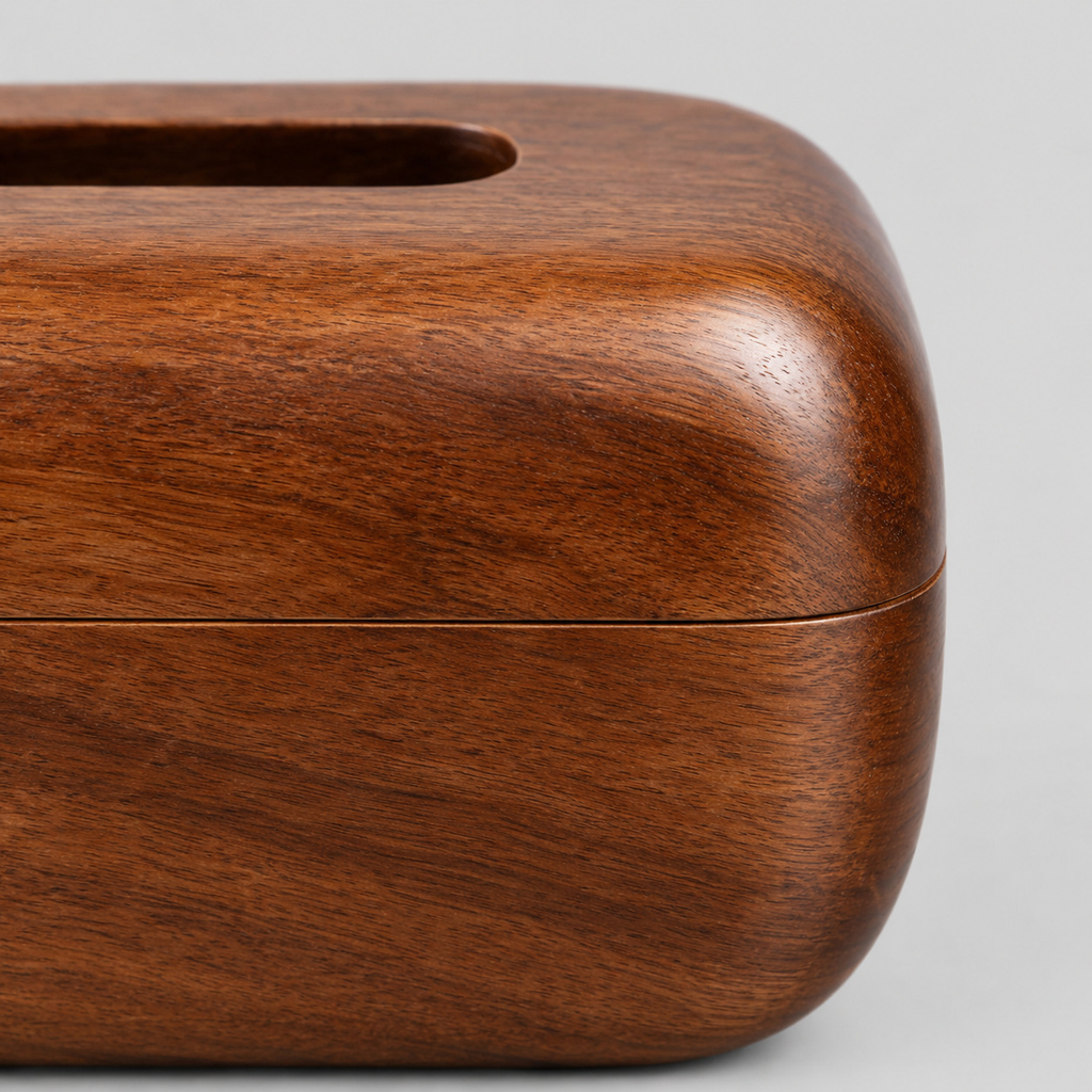 Close up of the joint or seam where the top meets the base on the curved solid wood tissue box cover in Walnut.