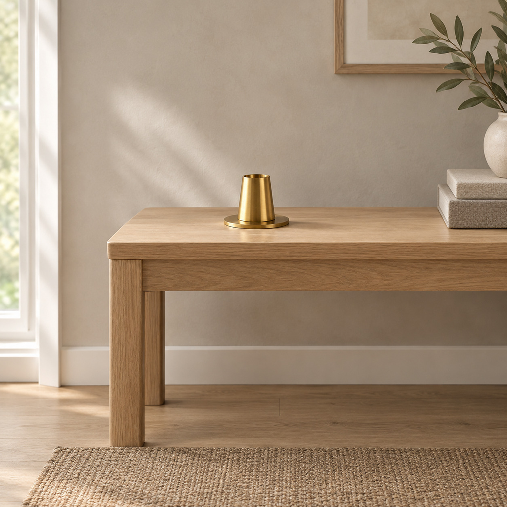 Brushed brass taper candle holder on an oak console table in a calm room.
