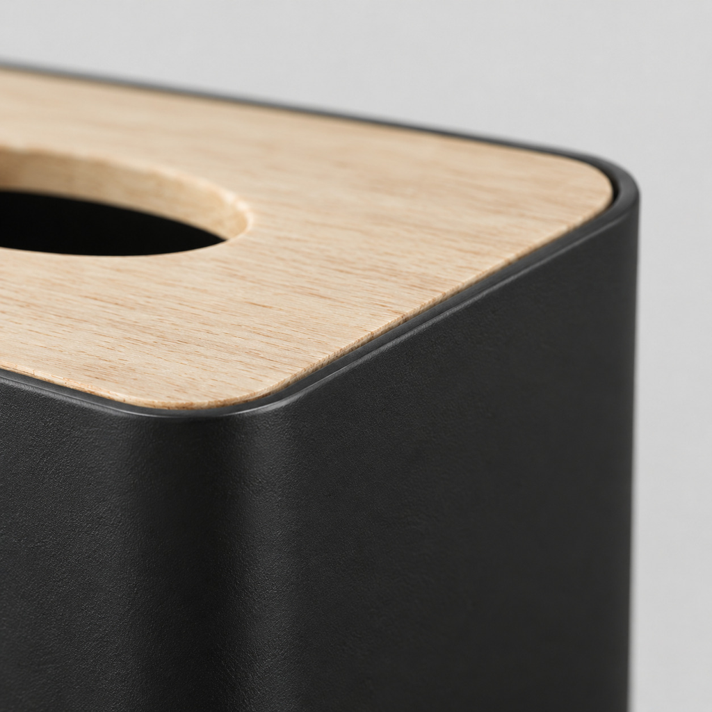 Close up of the rounded rim of the matte base on the square tissue box cover in Matte Black.