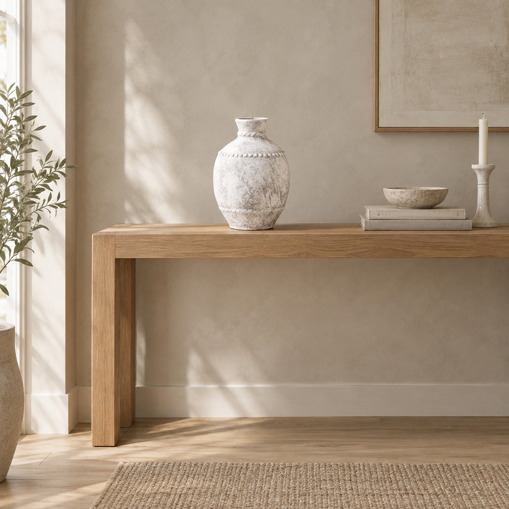 Rustic textured ceramic urn vase in Vintage Gray on a 120 cm wide oak console table in a calm room