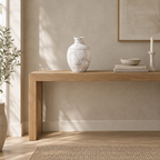 Rustic textured ceramic urn vase in Vintage Gray on a 120 cm wide oak console table in a calm room