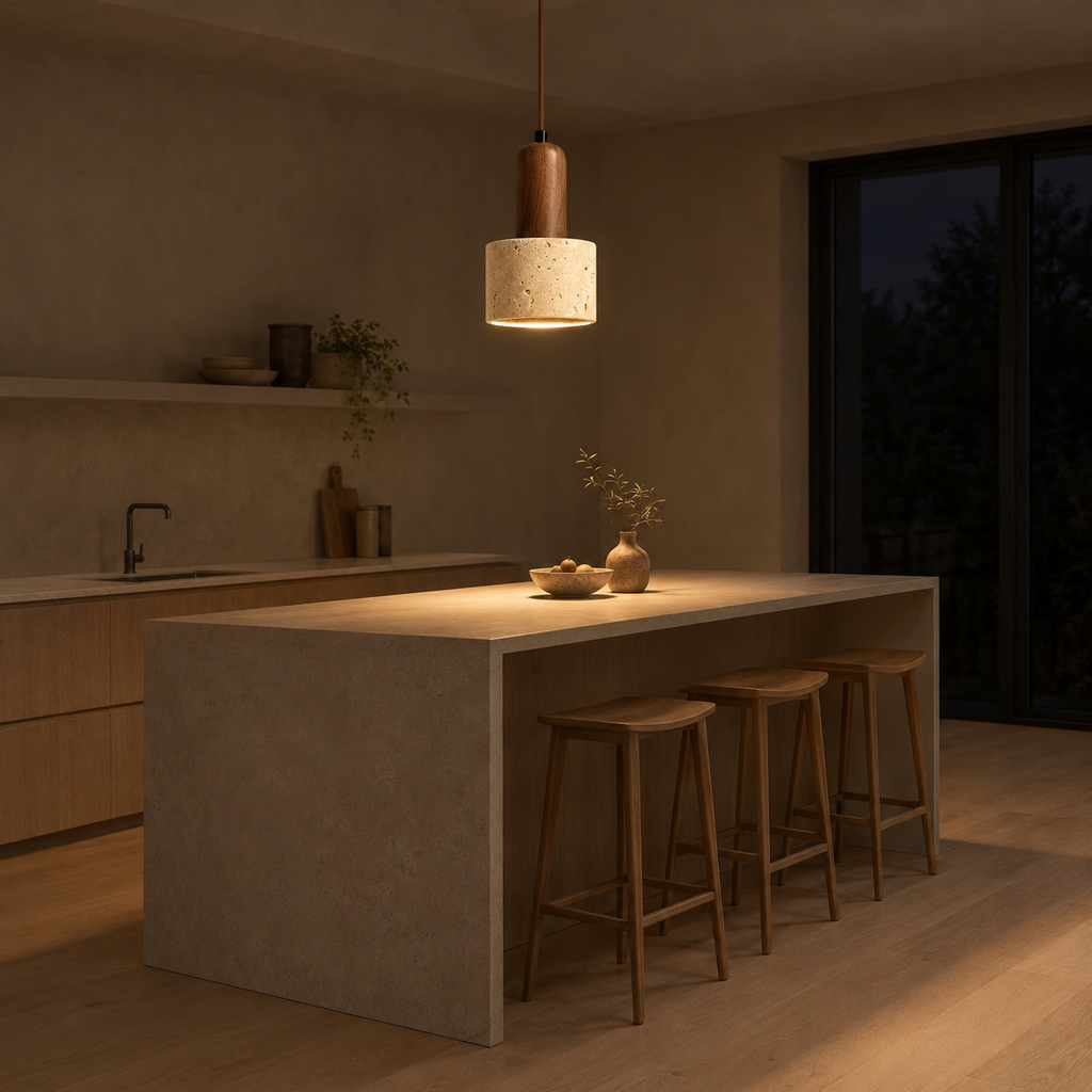 Yellow travertine pendant light lit in the evening hanging above a 180 cm long kitchen island, the only light in the room.